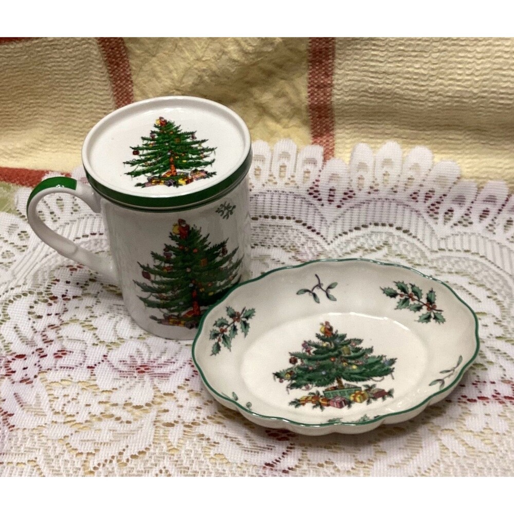 Spode England Christmas Tree Small Oval Platter & Coffee Cup with Coaster